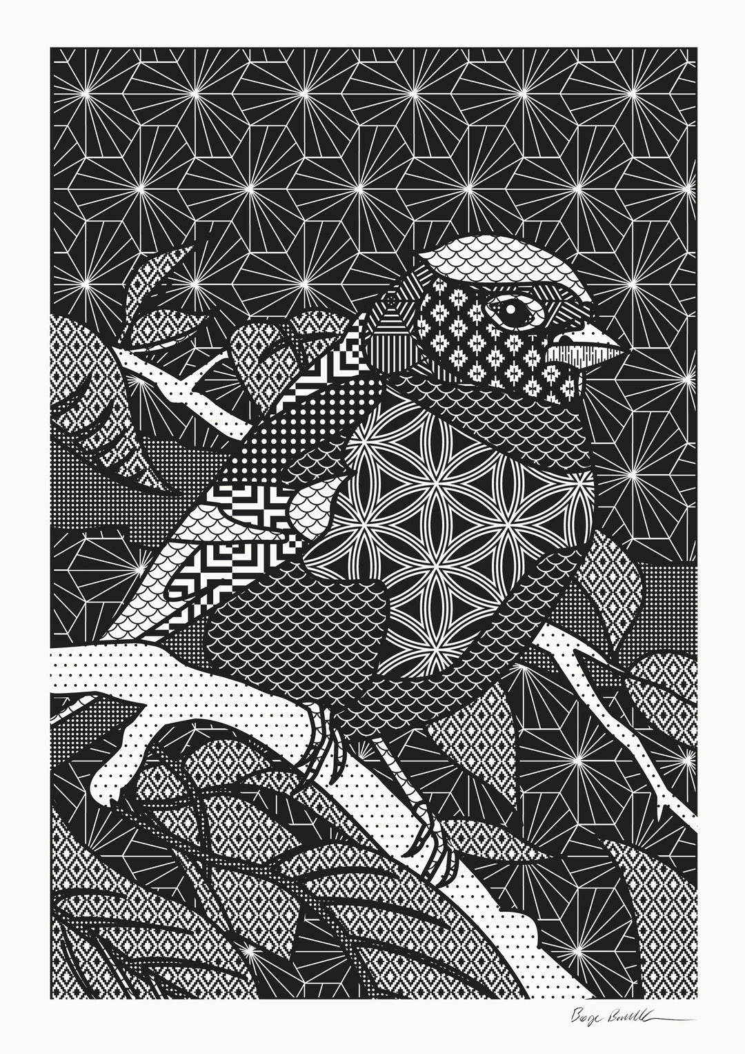 Black and white geometric patterned artwork of a bird and hand.