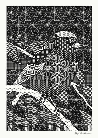 Black and white geometric patterned artwork of a bird and hand.